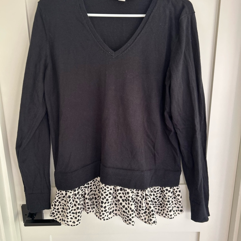 Black V-Neck Sweater with Ruffle Hem